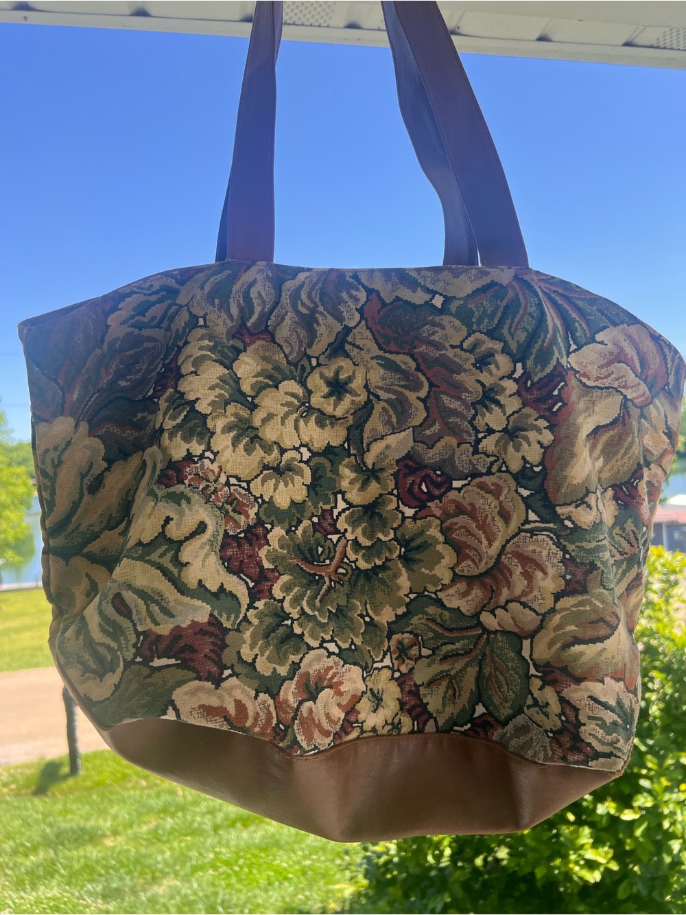 Floral Tapestry Tote Bag with Brown Faux Leather Trim